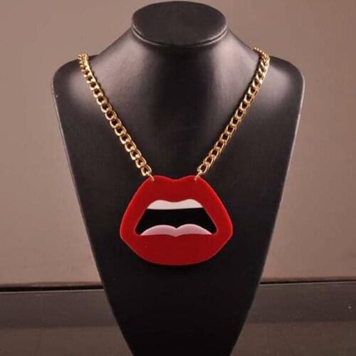 Big Red Mouth Acrylic Necklace Gold Chain Lips Pendant Necklace Fashion Night Club Exaggerated Jewelry