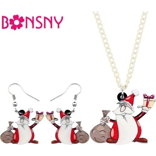 Bonsny Acrylic Christmas Santa Claus Gift Bag Box Jewelry Set Necklace Earrings Festival Jewelry For Women Girl 2019 Charm Gift