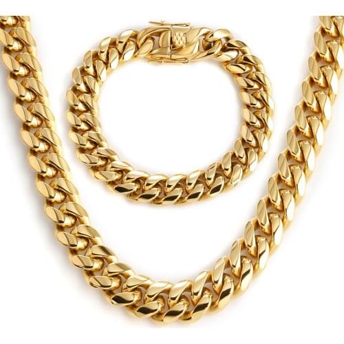 6mm-18mm Hip-Hop Golden Curb Cuban Link Chain Stainless Steel Necklace For Men and Women Golden Bracelet Fashion Jewelry