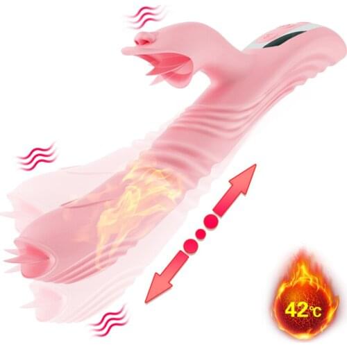 Double Tongue Cunnilingu Vibrators Heating Vagina Clitoris Stimulator Vibrator Telescopic Rotating Dildo Adult Sex Toy For Women