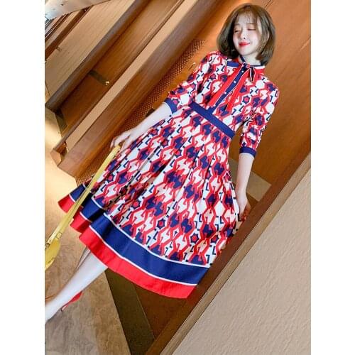 Geometric contrast printing bow tie tie high waist umbrella shirt dress 2021 Spring new High Quality Top Quality