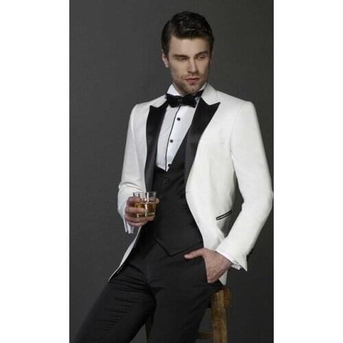 Hot Sale Two Buttons Ivory Groom Tuxedos Peak Lapel Groomsmen Mens Wedding Prom Suits (Jacket+Pants+Vest+Tie) NO:100