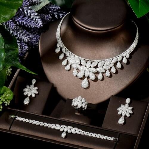 HIBRIDE 4pcs Leaf Shape White CZ Stone Necklace Earring Jewelry Set For Women parure bijoux femme mariage Engagement Set N-1596