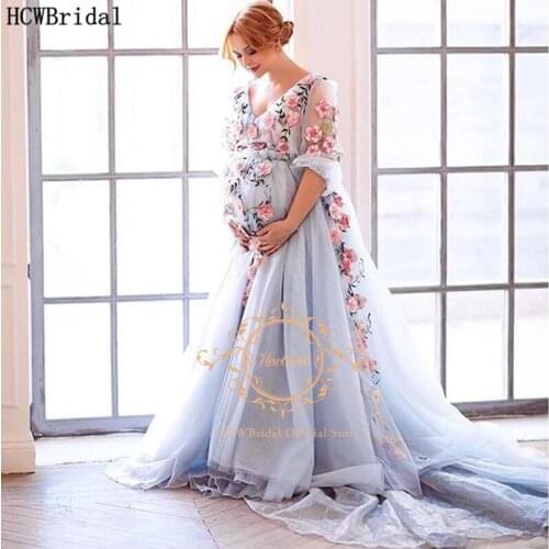 Graceful Plus Size Evening Dress For Pregnant Women Half Sleeves Corset Back Silver Organza Flowers Formal Occasion Dress Cheap