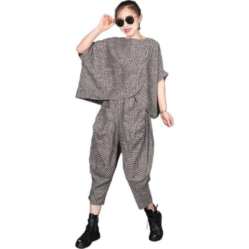 Club outfits women pants sets Large size womens suit Korean retro art stripe loose short sleeve top two set knickerbockers