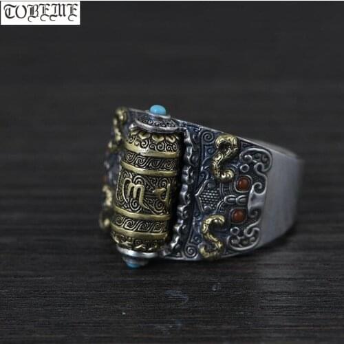 Handcrafted 925 Silver Tibetan Prayer Wheel Ring Buddhist OM Mani Padme Hum Ring Good Luck Turning Man Ring Resizable