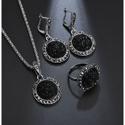 1 Set Black Round Rhinestone Necklace Earrings Ring Jewelry Set Bohemian Black Stone Wedding Fashion Jewelry Women
