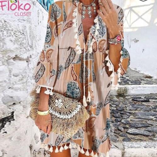Flokocloset Summer V Neck Tassel Floral Print Beach Dress Women Casual Loose A-Line Boho Sunress Vestido