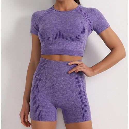 Summer Seamless Women Sport Sets Workout Outfit Dot Jacquard Knitted Suit Short Sleeve Crop Top High Waist Shorts Fitness Sets
