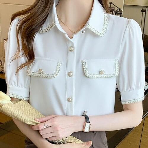 Summer Women White Blouse Short Sleeve Beading Chiffon Blouse Shirt Blouse Women Blusas Mujer De Moda 2021 Blouses Femme E947