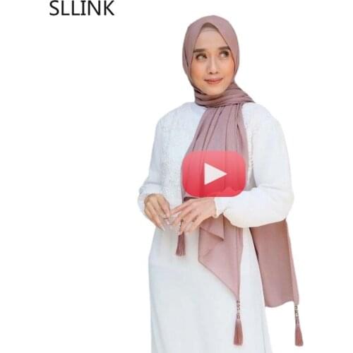 Fashion Bubble Chiffon Scarf Solid Color Long Soft Wrap Muslim Women Scarf Shawl Scarves Femme Beaded Pearls Hijabs Tassel Scarf
