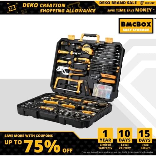 DEKO DKMT198 Socket Wrench Tool Set Auto Repair Mixed Tool Combination Package Hand Tool Kit with Plastic Toolbox Storage Case