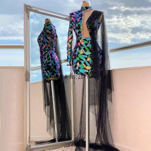 Formal Dress Dubai High Neck Sequin Prom Dresses Single Long Sleeve Short Dresses Saudi Arabia Party Gowns