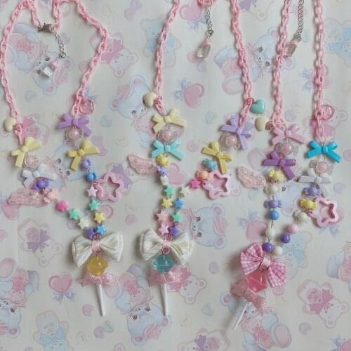 Lolita Cute Sweet Necklace lollipop Five-Pointed Star Bow Sweet Pink Necklace Sweet Pearl Bow Princess Accessories