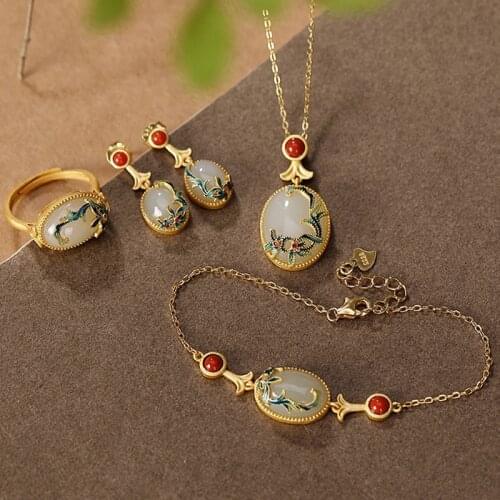 S925 sterling silver gold plated cloisonne Hetian Jade Chinese style Vine Lady rings ear studs bracelet pendant