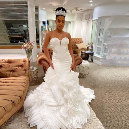 Sexy Strapless Ruched Mermaid Wedding Dresses South African Sweetheart Bridal Gowns Lace Up Back Wedding Vestidos Custom Made