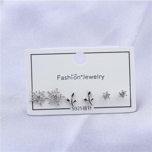 Stal Needle Stud Earrings Style Set Jewelry Stamp Gender S999 Silver Main Stone Side Stone Cry Metal Snowflake Women Girls White