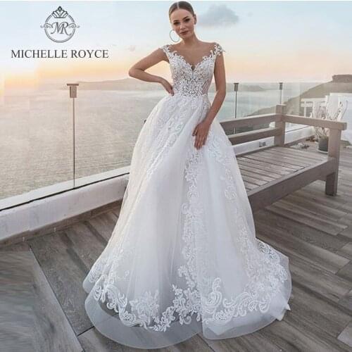 Michelle Royce A-Ling Wedding Dresses 2020 V-neck Appliques Button Princess Chapel Train Wedding Gowns Vestido De Noiva