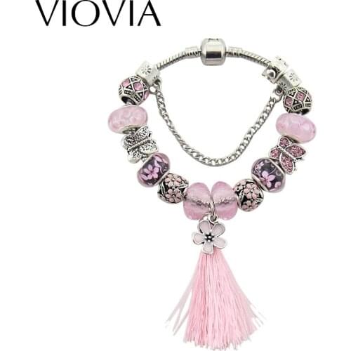 VIOVIA 2019 New Summer Bohemian Antique Silver Color Butterfly Tassel Charm Beads Fit European Pulseras Women Bracelet B16030