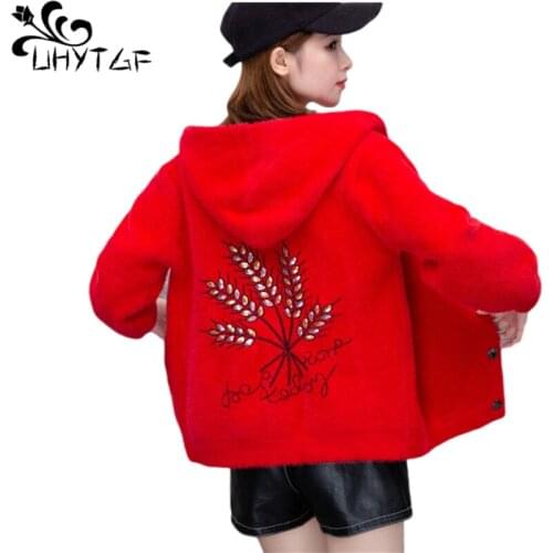 UHYTGF Knit Imitated Mink Fleece Autumn Winter Sweater Coat Fashion Hooded Casual Female Jacket Thicken Warm Cardigan Women 1187
