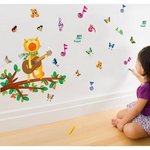 Vivid Wall stickers home decoration kitten playing guitar notes children room bedroom living room princess room wall decoration