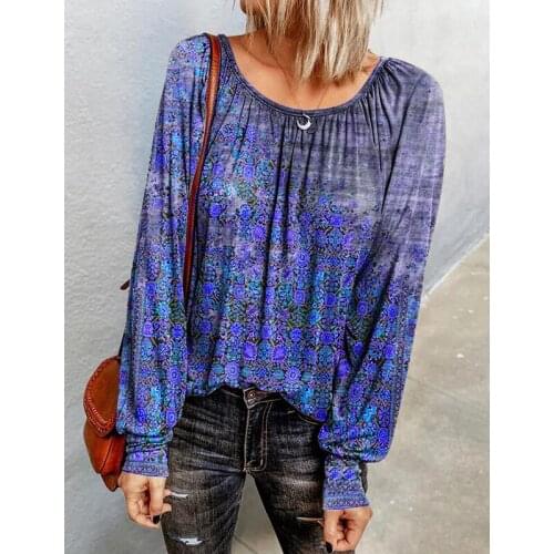 2020 Womens Clothing Shirts & Blouses Women Blouse Vintage Floral Print Cream Long Sleeve O-neck Chic Shirt New Chiffon Boho