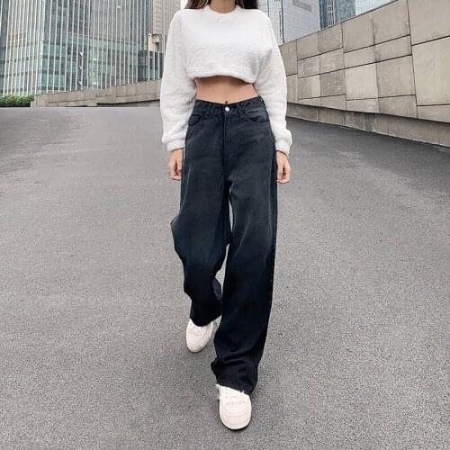 2021Retro High Waist Women Jeans New Fashion Black Oversized Straight Trousers Women Wide Legs Denim Casual Pants