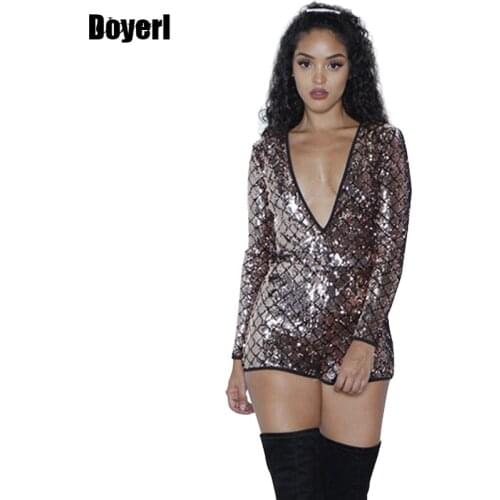 Long Sleeve Backless Sequin Playsuits Women Sexy Plunge Deep V Neck Back Cut out Bodyocn Glitter Jumpsuit Short Rompers Overalls