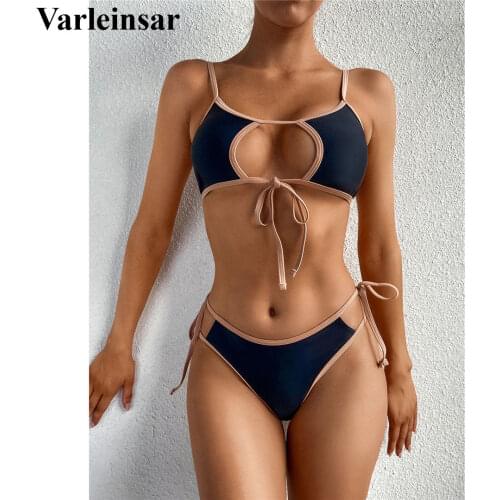 Sexy Splicing Cut Out Bikini Women Swimwear Female Swimsuit Two-pieces Bikini set Mid Waist Bather Bathing Suit Swim Lady V2904