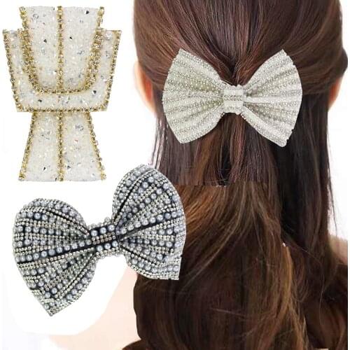 2pc Pearl Rhinestone Bead Bow Patch DIY Shoes Clothes Hair Clip Sewing Accessories Appliques P2053