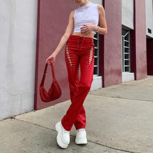 Faux Leather Pants Hollow Out Bandage Y2K High Waist Pants Women Chic Sexy Summer Trend Leather Trousers Slim Punk Streetwear