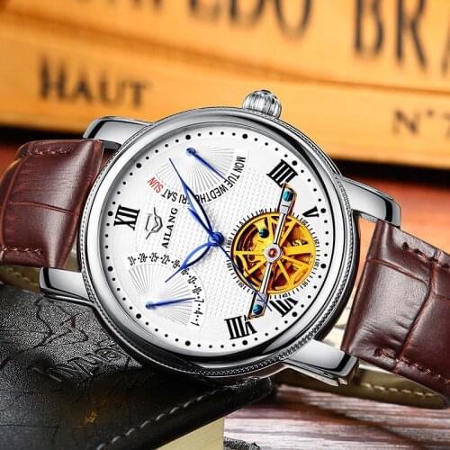 AILANG Mens Watch Stainless Steel Tourbillon Automatic Mechanical Watch White Dial Calendar Week Business Mens Genuine Watch