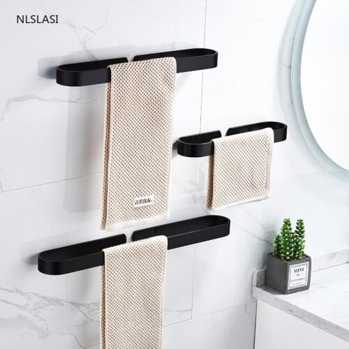 Black Thicken Space Aluminum Hang Mounted Bath Towel Towel Storage Rack Kitchen Bath Supplies Hardware Accessories Punch-free