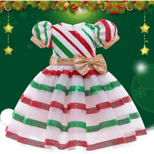 Children Clothing 2021 Christmas Sequined Girls Dress Striped With Bowknot Girls Puffyskirt Girls Dresses Party Princess Dresses