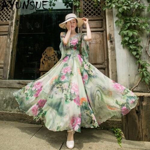 AYUNSUE Long Women Dress Summer Spring Floral Chiffon Dress Elegant Beach Boho Maxi Dresses for Women Jurken Zomer 2020 LQ-1818