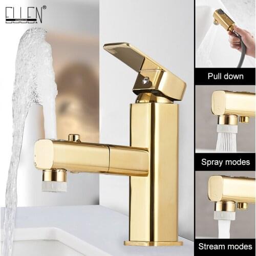 ELLEN Gold Bathroom Faucet Hot Cold Water Mixer Pull Out Sink Faucets Gargle Tap Deck Mounted EL1035G