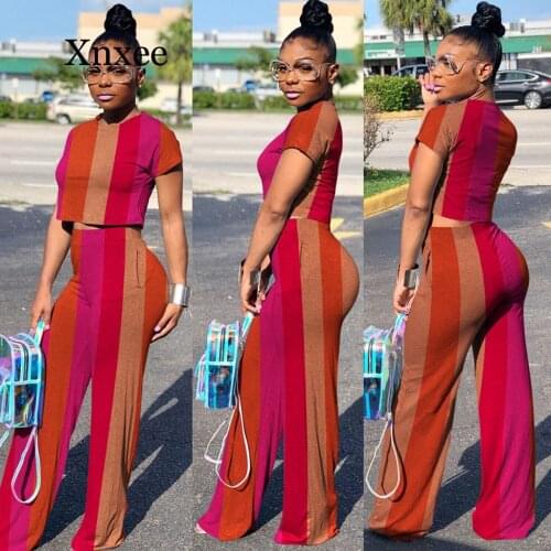 Africa Striped O Neck Blouse Pant Two Piece Set Women Short Sleeve Tops Pants Tracksuit Women Conjuntos De Mujer Chandal Mujer