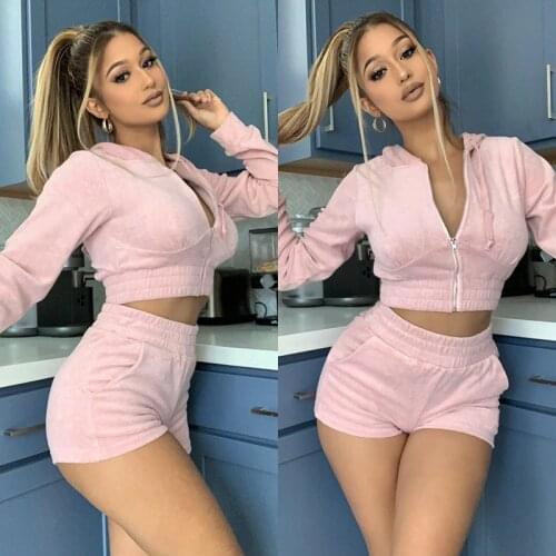 Pink Women Fall 2 Piece Set Hooded Sweatshirts Short Pants Outfits Long Sleeve Hoodies Pullover + Short Suits Solid Matching Set