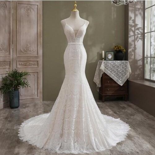Gorgeous Spaghetti Strap Sleeveless Sweep Train Lace-up Backless Mermaid Lace Wedding Dress Bride Gown Vestidos De Novia