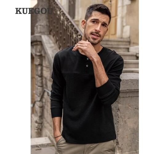 KUEGOU Blended Cotton Clothing 2020 Spring Man T-shirt Long Sleeve Tshirt Autumn Fashion White Patchwork Men Top ZT-88033