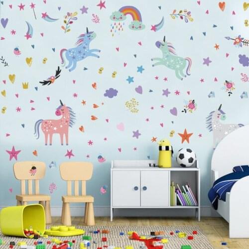 Cute Cartoon Unicorn Wall Stickers for Kids Room Girls Bedroom Home Decor DIY Animal Wallpaper Wall Art Mural Kitchen Decals