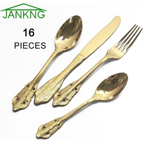16Pcs/Set Gold Cutlery Set 304 Stainless Steel Dinnerware Set Flatware Knife Fork Spoon Dinner Set Mirror Silver Tableware Set