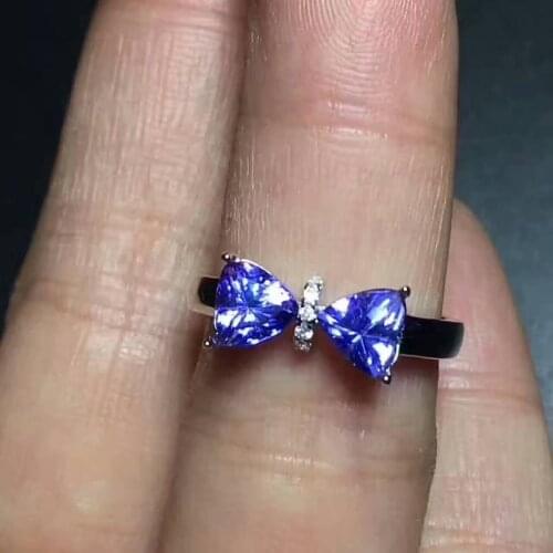 Natural blue tanzanite stone Natural gemstone Ring 925 sterling silver Elegant Triangle bow-knot womens gril party Jewelry