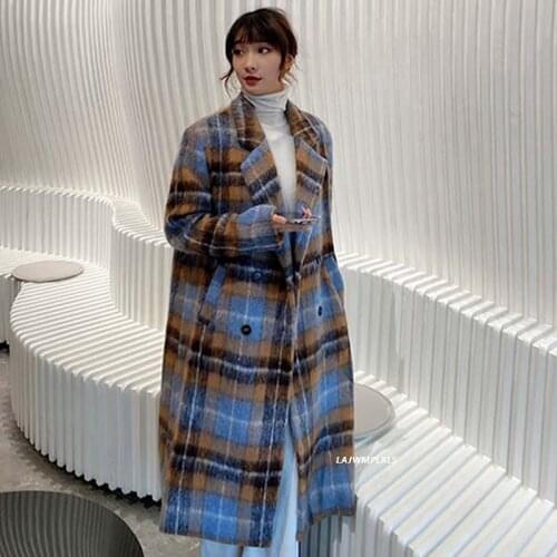 2021 New Winter Autumn Over Knee Style Turn-down Collar Long-sleeved Vintage Plaid Straight Minimalist Woolen Overcoat With Belt