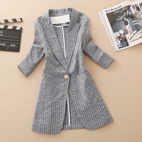 2020 Spring Summer New Women Casual Slim Striped Office Lady Midi Blazers Female Chic Single Button Notched Suit Outerwears A12