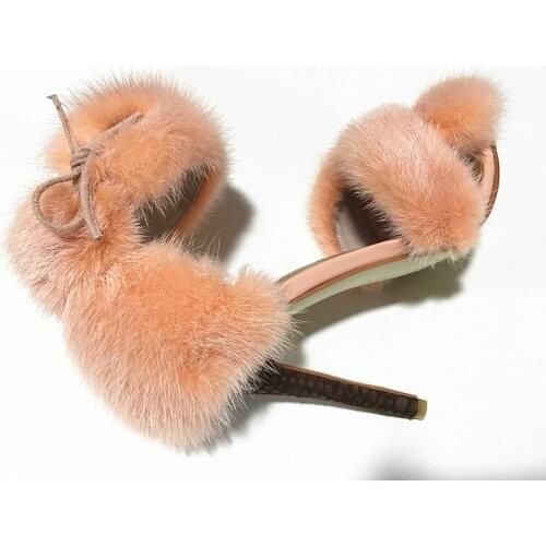 New Women Real Mink Fur Full Cover Sandals Gladiator Open Toe Fur Crossed Strap Female Thin High Heels Runway Catwalk Fur Shoes