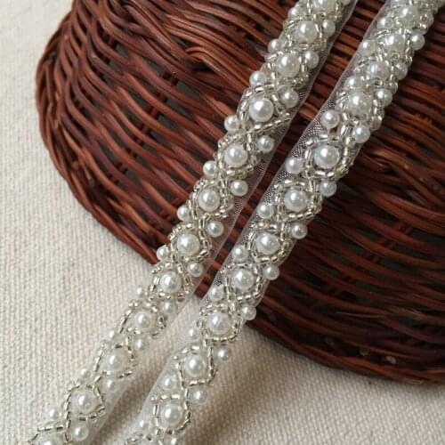 3 Yards 1cm width ivory beaded trim, garment beads, wedding dress Imitation pearl lace trim, clothes DIY