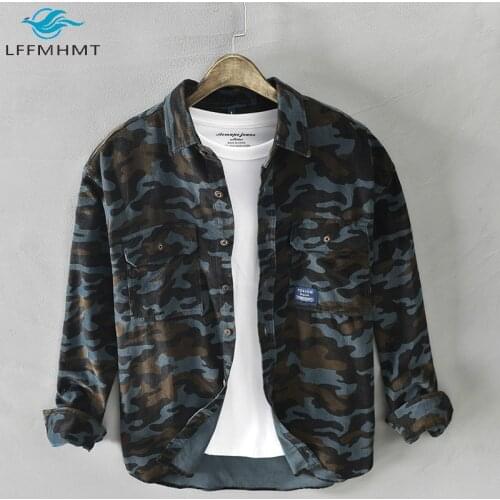 Spring Fall New Fashion Mens Vintage Camouflage Double Pockets Shirts American Army Military Style Casual Overalls Corduroy Tops