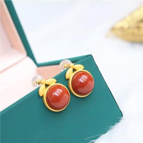 S925 Sterling Silver Gold Southern Red Agate Cherry Earrings Womens Personality Creative and Refined Cartoon Simple Earrings Wo