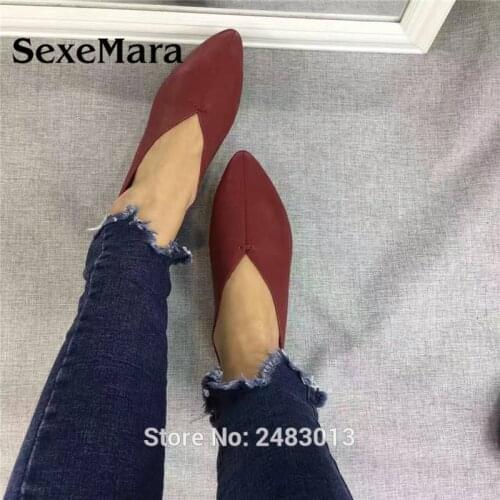 SexeMara Womens Shoes Handmade 100% Genuine Leather Slip-On Women Simple style soft Cowhide Shoes Ladies Pointed Toe Flat Shoes